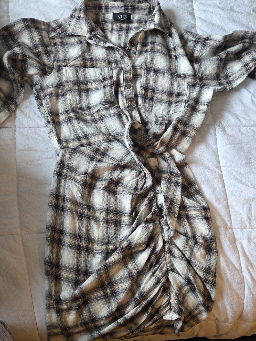 Vici Plaid Button-Front Tie-Waist Dress — Cream & Brown